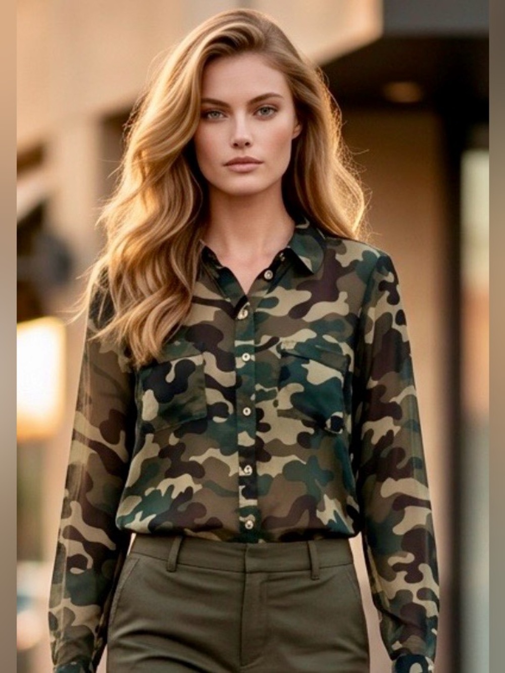 Forever 21 Camouflage Long Sleeve Blouse w/ Gold Accent Buttons in S